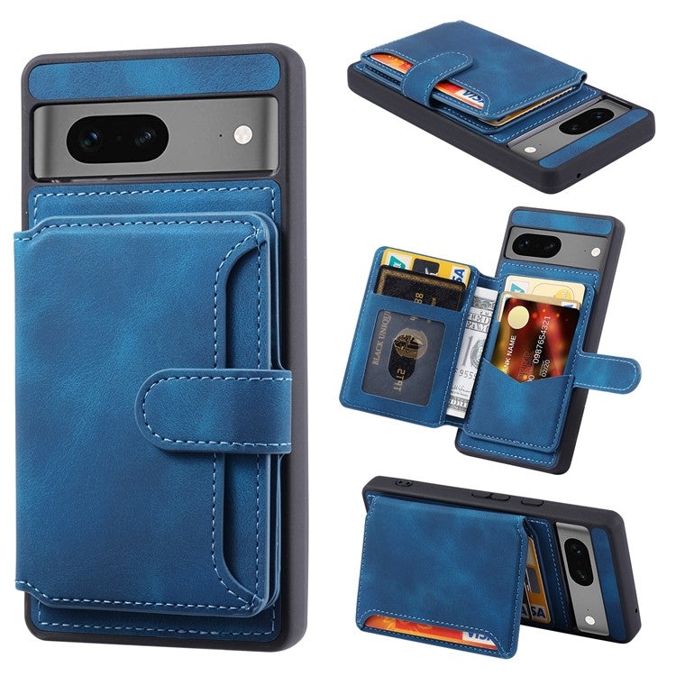 For Google Pixel 7 5G RFID Blocking Wallet Phone Cover Skin-touch Kickstand Leather Coated TPU Case - Navy Blue