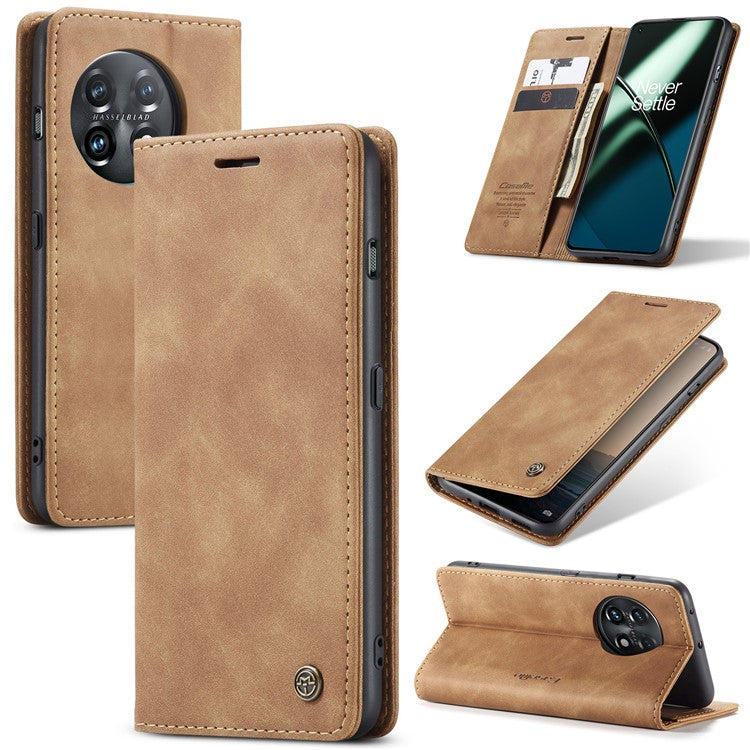 CASEME 013 Series Phone Shell for OnePlus 11 5G Magnetic Flip PU Leather Case Wallet Stand Cover - Brown