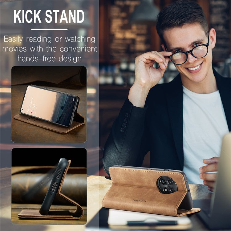 CASEME 013 Series Phone Shell for OnePlus 11 5G Magnetic Flip PU Leather Case Wallet Stand Cover - Brown