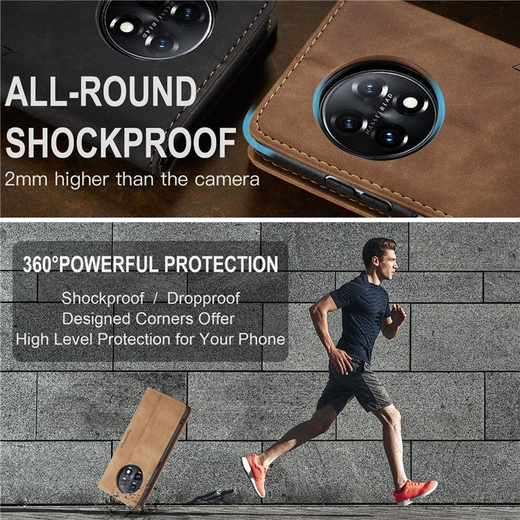 CASEME 013 Series Phone Shell for OnePlus 11 5G Magnetic Flip PU Leather Case Wallet Stand Cover - Brown