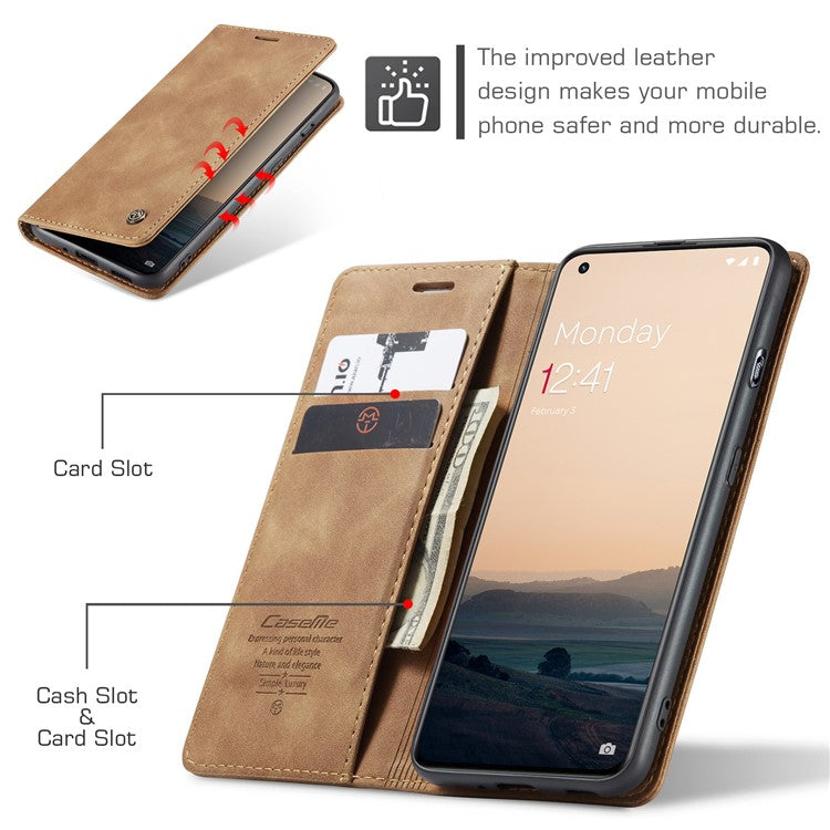 CASEME 013 Series Phone Shell for OnePlus 11 5G Magnetic Flip PU Leather Case Wallet Stand Cover - Brown