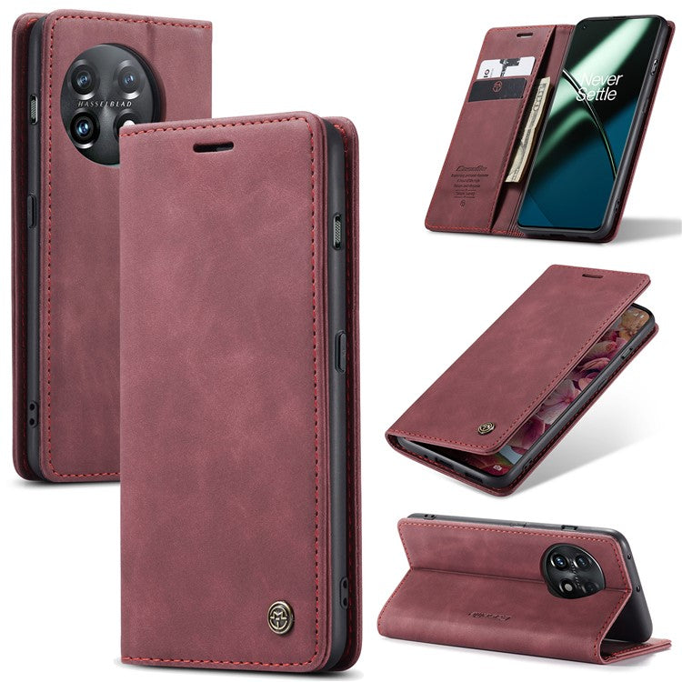 CASEME 013 Series Phone Shell for OnePlus 11 5G Magnetic Flip PU Leather Case Wallet Stand Cover - Wine Red