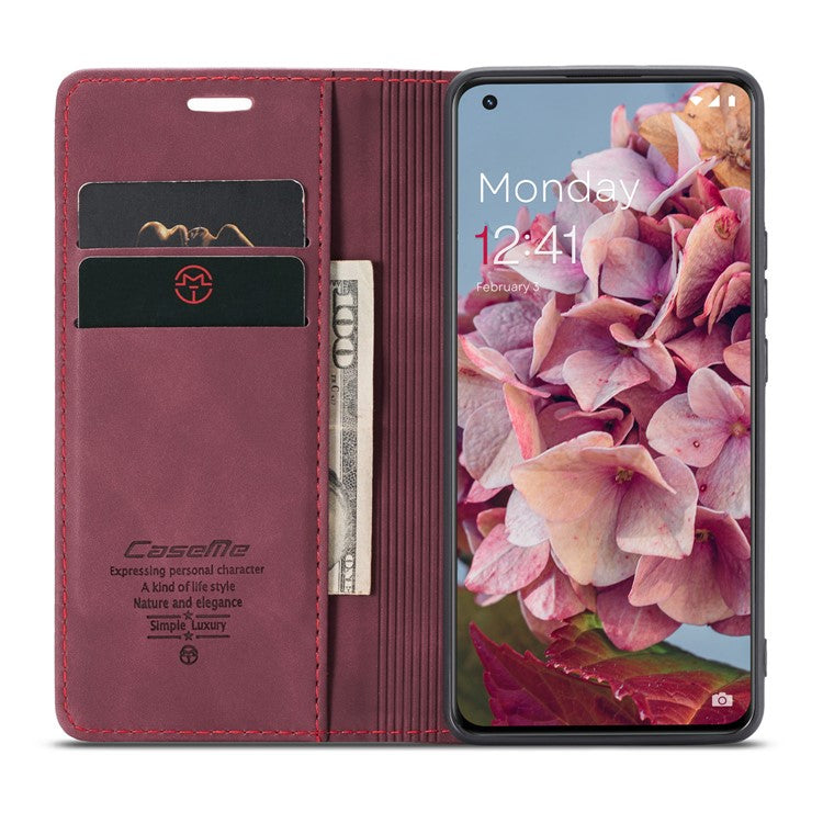 CASEME 013 Series Phone Shell for OnePlus 11 5G Magnetic Flip PU Leather Case Wallet Stand Cover - Wine Red