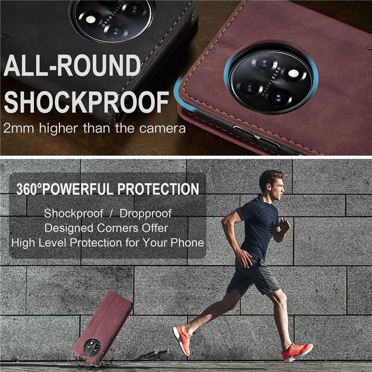 CASEME 013 Series Phone Shell for OnePlus 11 5G Magnetic Flip PU Leather Case Wallet Stand Cover - Wine Red