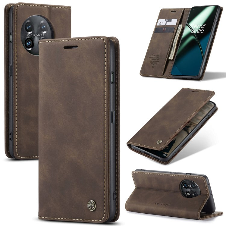 CASEME 013 Series Phone Shell for OnePlus 11 5G Magnetic Flip PU Leather Case Wallet Stand Cover - Coffee