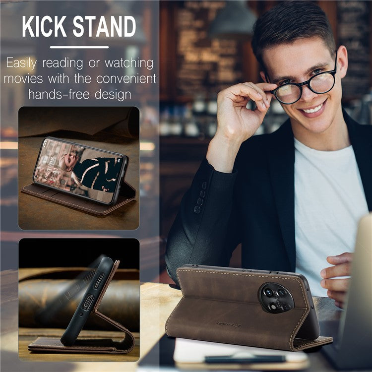 CASEME 013 Series Phone Shell for OnePlus 11 5G Magnetic Flip PU Leather Case Wallet Stand Cover - Coffee