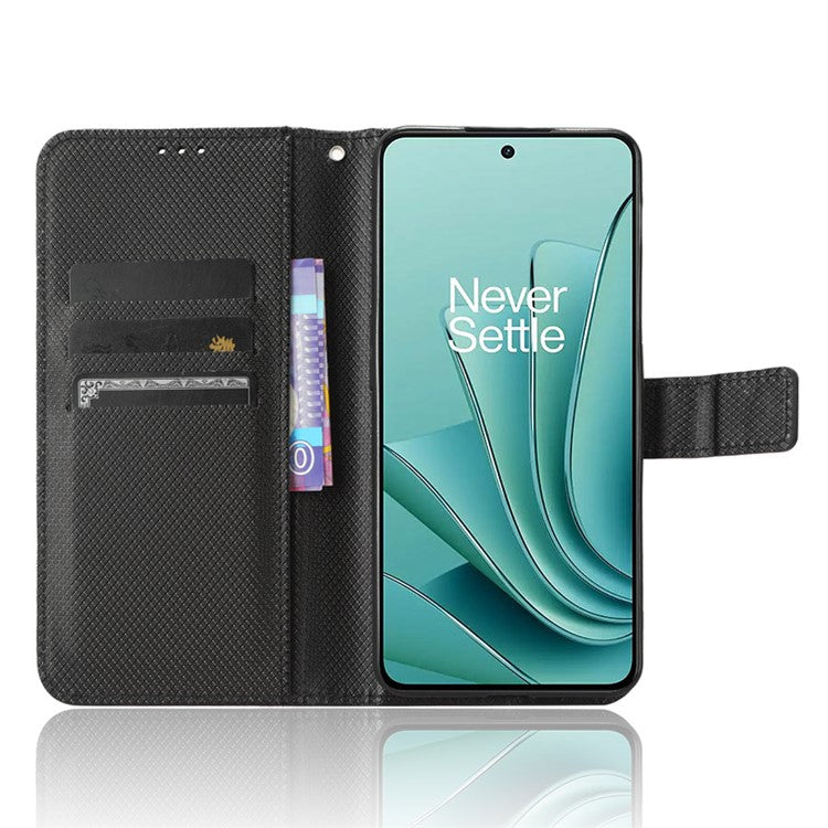 For OnePlus Nord 3 5G / Ace 2V Stand Wallet Phone Case Diamond Texture Leather Smartphone Cover - Black
