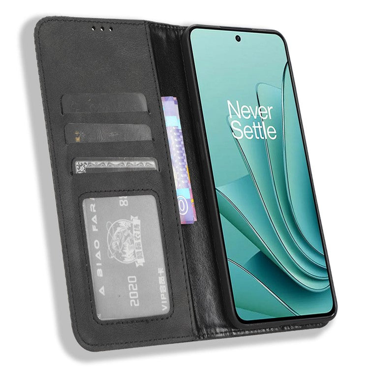 For OnePlus Nord 3 5G / Ace 2V Retro Phone Case PU Leather+TPU Phone Cover with Wallet Stand - Black