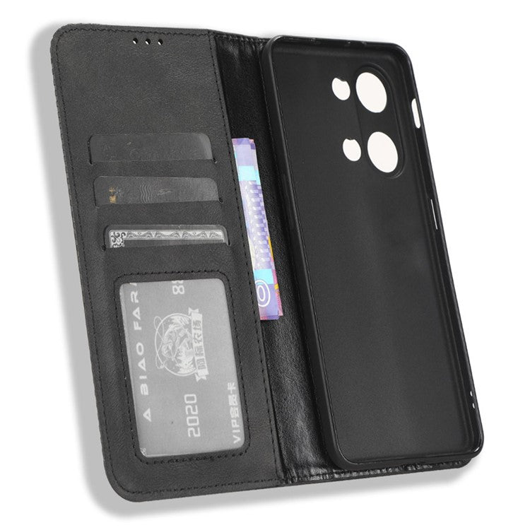 For OnePlus Nord 3 5G / Ace 2V Retro Phone Case PU Leather+TPU Phone Cover with Wallet Stand - Black