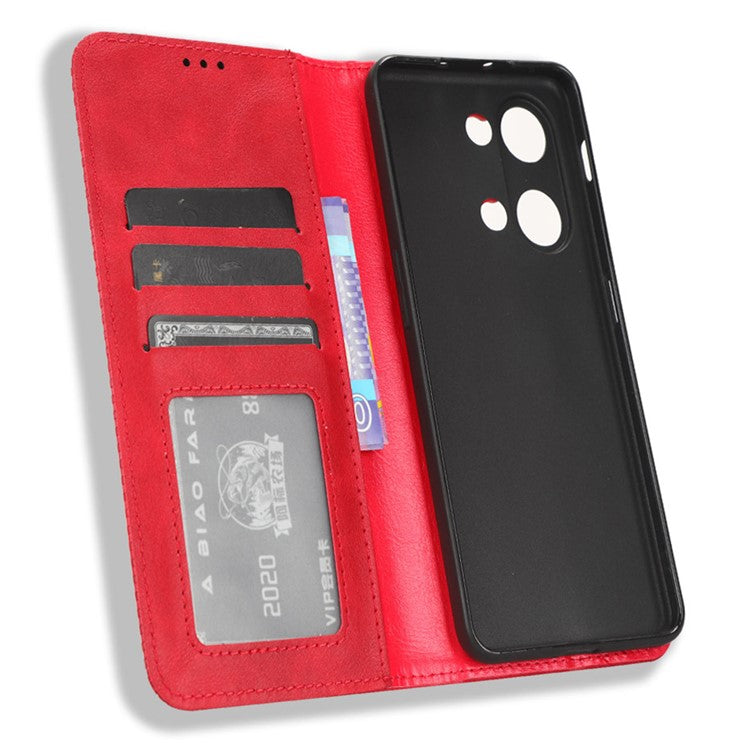For OnePlus Nord 3 5G / Ace 2V Retro Phone Case PU Leather+TPU Phone Cover with Wallet Stand - Red