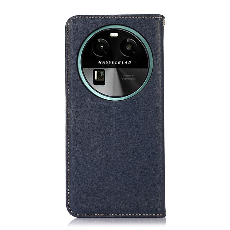 KHAZNEH RFID Blocking Phone Case for Oppo Find X6 Genuine Cowhide Leather Cover with Stand Wallet - Blue