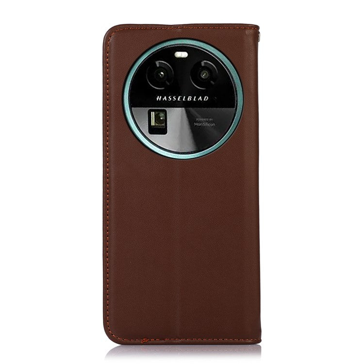 KHAZNEH RFID Blocking Phone Case for Oppo Find X6 Genuine Cowhide Leather Cover with Stand Wallet - Brown