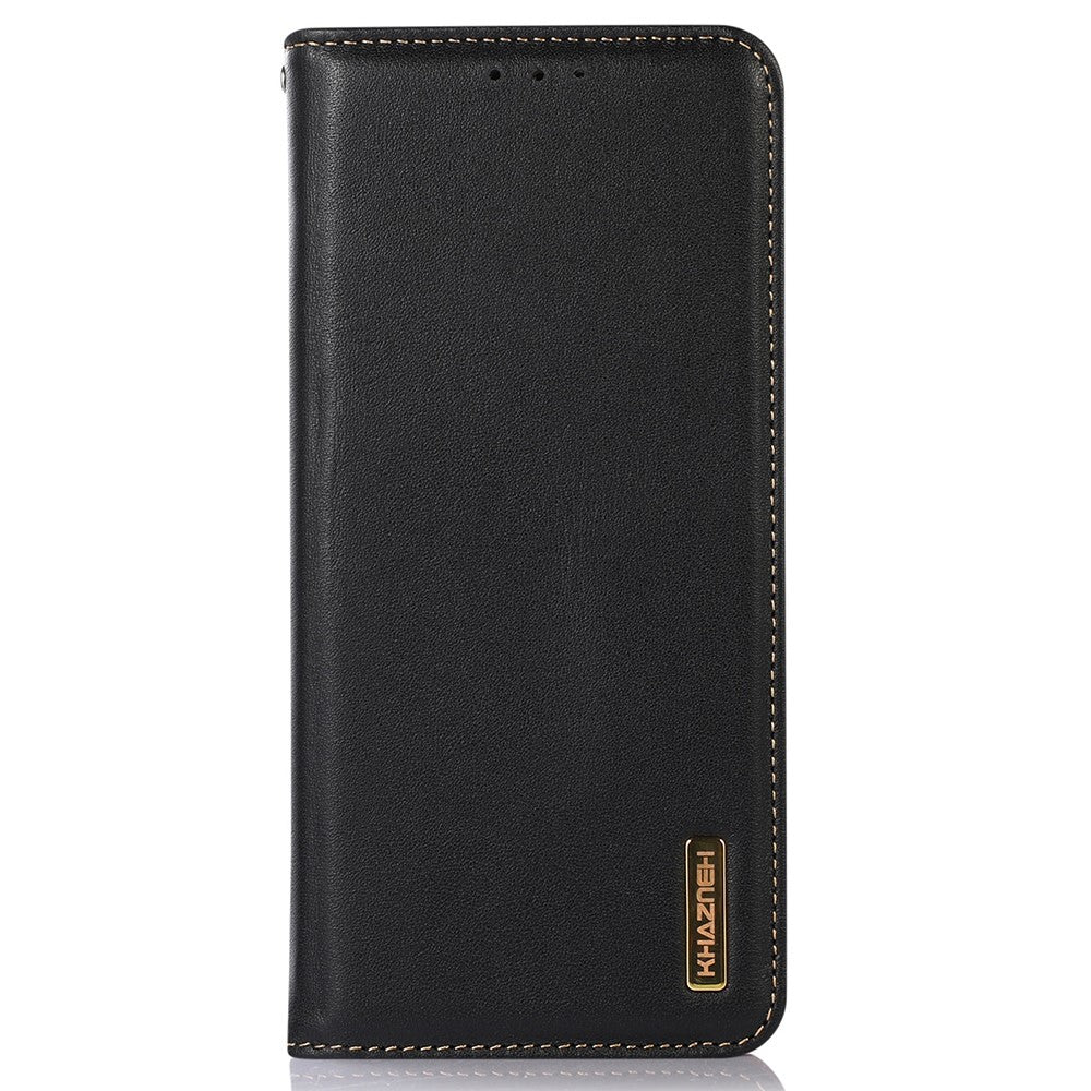 KHAZNEH For Samsung Galaxy M14 5G Stand Wallet Phone Case RFID Blocking Genuine Cowhide Leather Cover - Black
