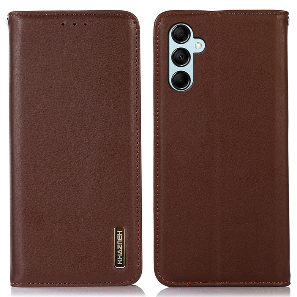 KHAZNEH For Samsung Galaxy M14 5G Stand Wallet Phone Case RFID Blocking Genuine Cowhide Leather Cover - Brown