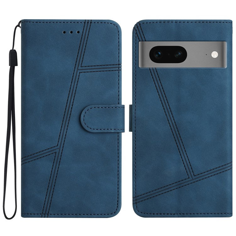 Phone Shell for Google Pixel 7 5G Imprinted Line Skin-touch PU Leather Wallet Stand Anti-drop Cover - Blue