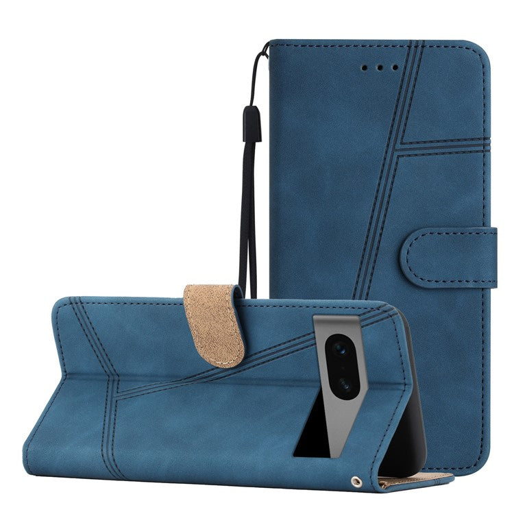 Phone Shell for Google Pixel 7 5G Imprinted Line Skin-touch PU Leather Wallet Stand Anti-drop Cover - Blue