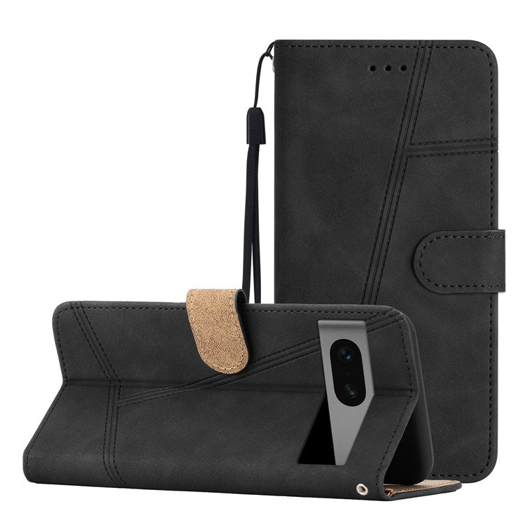 Phone Shell for Google Pixel 7 5G Imprinted Line Skin-touch PU Leather Wallet Stand Anti-drop Cover - Black