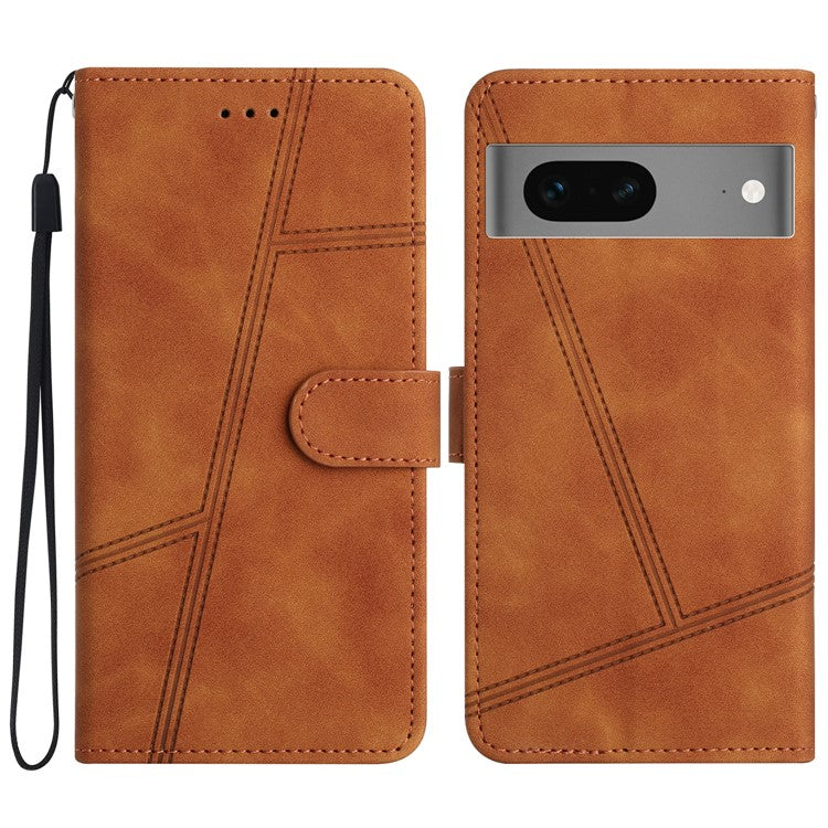 Phone Shell for Google Pixel 7 5G Imprinted Line Skin-touch PU Leather Wallet Stand Anti-drop Cover - Brown