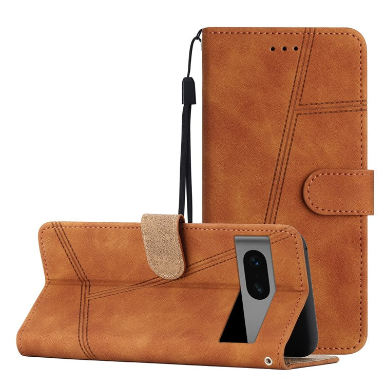 Phone Shell for Google Pixel 7 5G Imprinted Line Skin-touch PU Leather Wallet Stand Anti-drop Cover - Brown