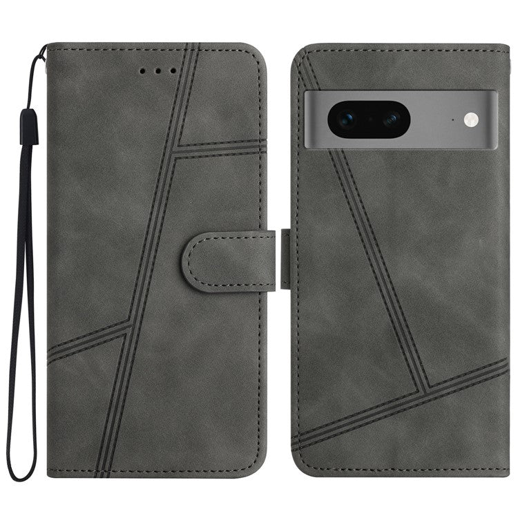 Phone Shell for Google Pixel 7 5G Imprinted Line Skin-touch PU Leather Wallet Stand Anti-drop Cover - Grey