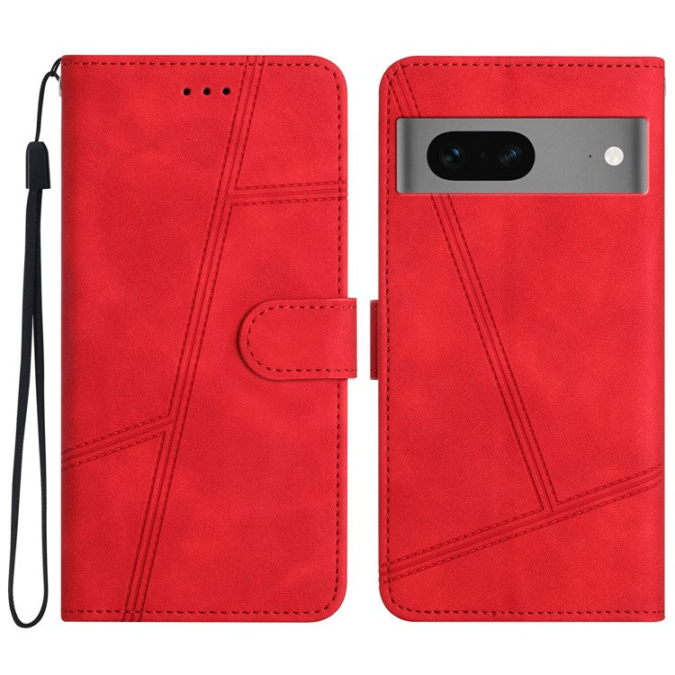 Phone Shell for Google Pixel 7 5G Imprinted Line Skin-touch PU Leather Wallet Stand Anti-drop Cover - Red