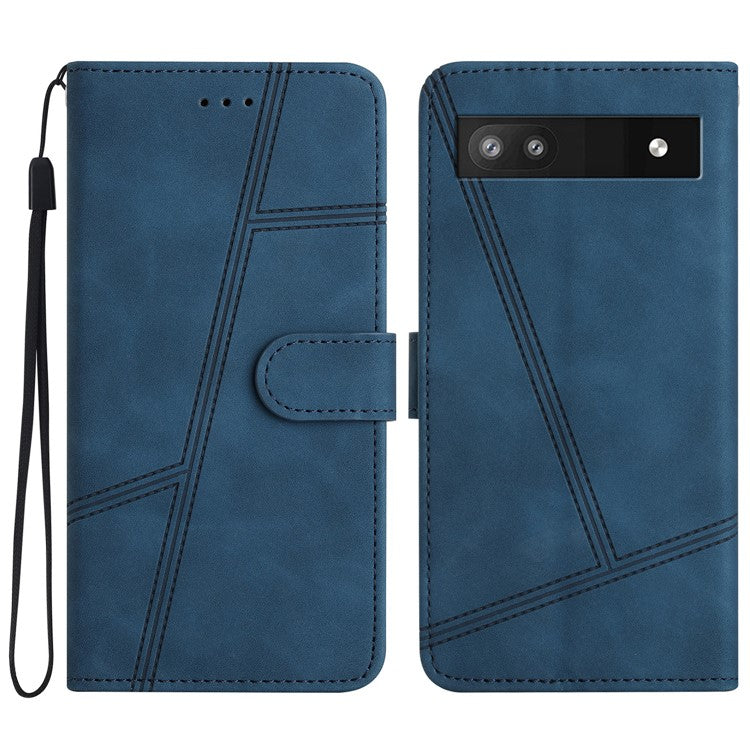For Google Pixel 7a Anti-drop Cover Imprinted Line Skin-touch PU Leather Phone Shell with Wallet Stand - Blue