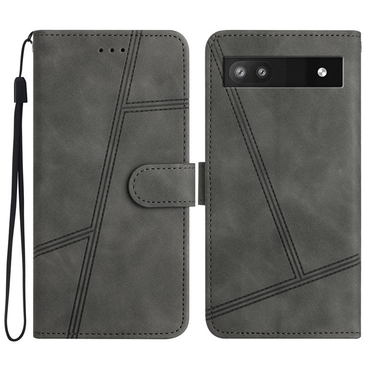 For Google Pixel 7a Anti-drop Cover Imprinted Line Skin-touch PU Leather Phone Shell with Wallet Stand - Grey