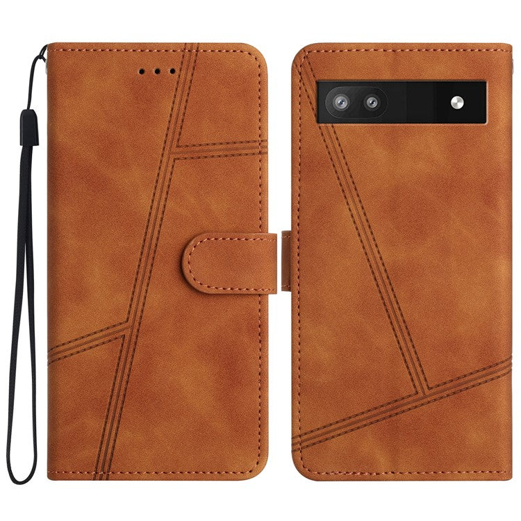 For Google Pixel 7a Anti-drop Cover Imprinted Line Skin-touch PU Leather Phone Shell with Wallet Stand - Brown