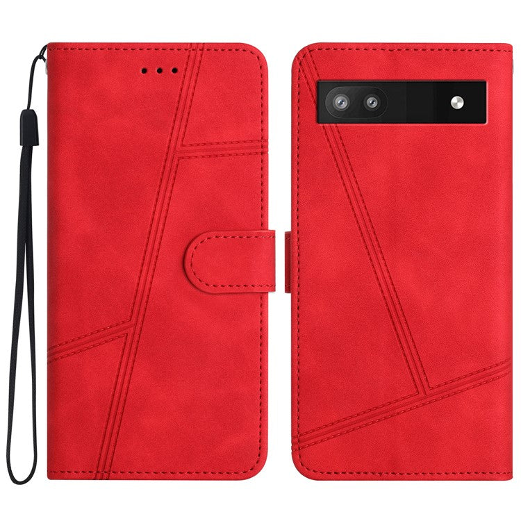 For Google Pixel 7a Anti-drop Cover Imprinted Line Skin-touch PU Leather Phone Shell with Wallet Stand - Red