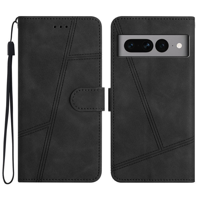Anti-drop Cover for Google Pixel 7 Pro 5G Imprinted Line Skin-touch PU Leather Phone Shell with Wallet Stand - Black