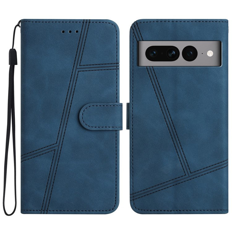 Anti-drop Cover for Google Pixel 7 Pro 5G Imprinted Line Skin-touch PU Leather Phone Shell with Wallet Stand - Blue