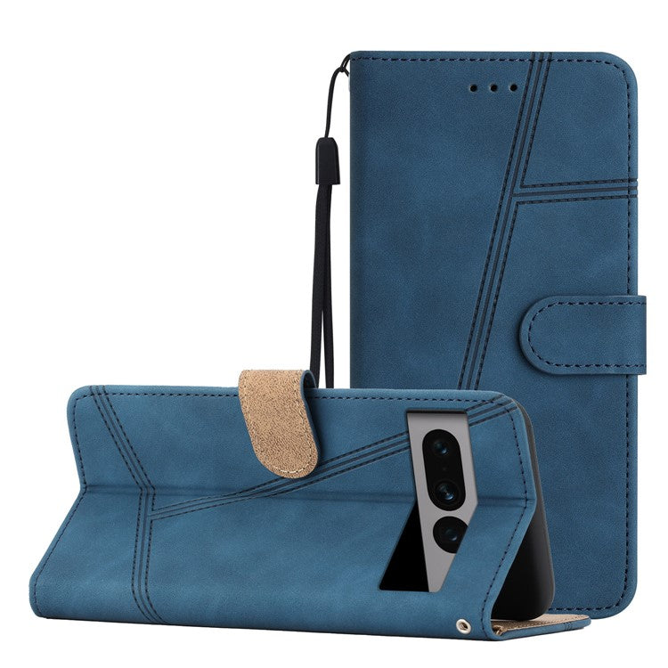 Anti-drop Cover for Google Pixel 7 Pro 5G Imprinted Line Skin-touch PU Leather Phone Shell with Wallet Stand - Blue