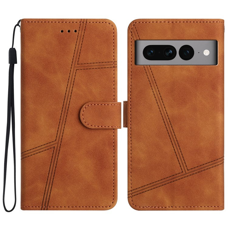 Anti-drop Cover for Google Pixel 7 Pro 5G Imprinted Line Skin-touch PU Leather Phone Shell with Wallet Stand - Brown