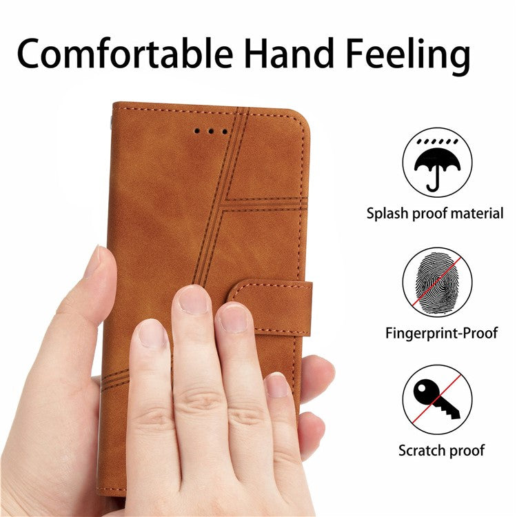 Anti-drop Cover for Google Pixel 7 Pro 5G Imprinted Line Skin-touch PU Leather Phone Shell with Wallet Stand - Brown