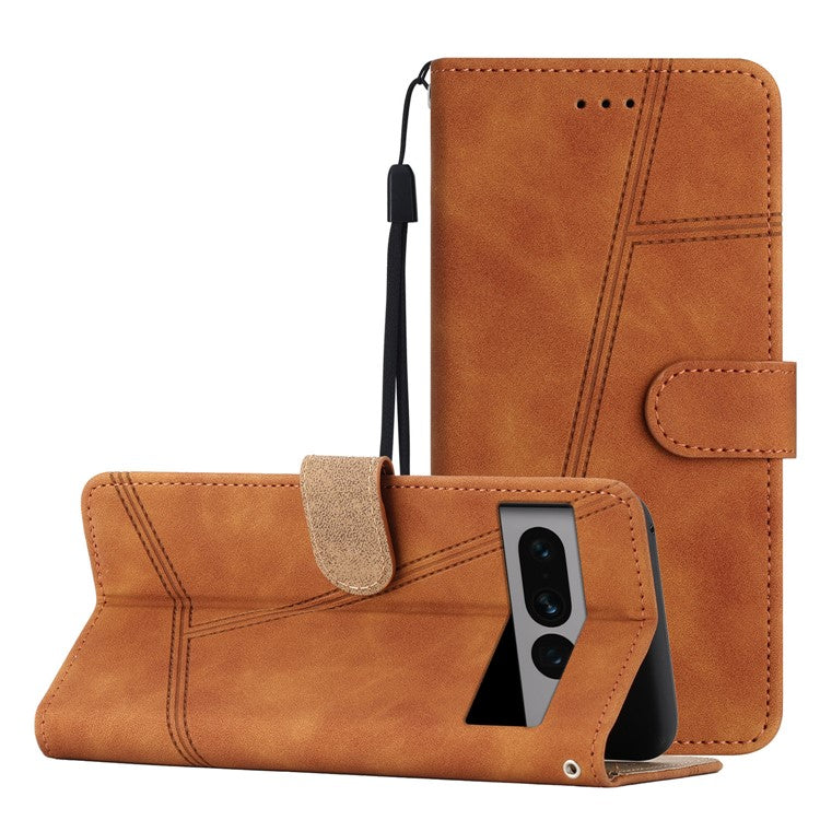 Anti-drop Cover for Google Pixel 7 Pro 5G Imprinted Line Skin-touch PU Leather Phone Shell with Wallet Stand - Brown