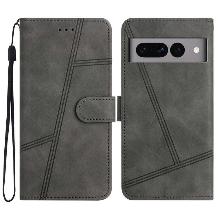 Anti-drop Cover for Google Pixel 7 Pro 5G Imprinted Line Skin-touch PU Leather Phone Shell with Wallet Stand - Grey