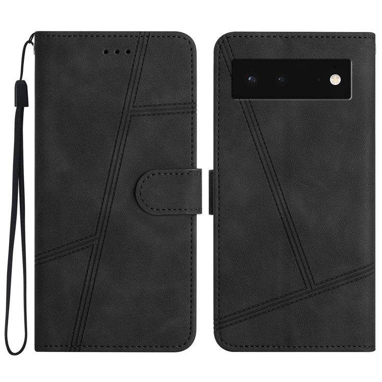 PU Leather Phone Shell for Google Pixel 6 Imprinted Line Skin-touch Anti-drop Cover with Wallet Stand - Black