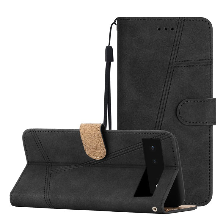 PU Leather Phone Shell for Google Pixel 6 Imprinted Line Skin-touch Anti-drop Cover with Wallet Stand - Black