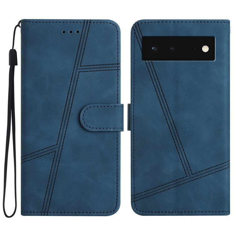 PU Leather Phone Shell for Google Pixel 6 Imprinted Line Skin-touch Anti-drop Cover with Wallet Stand - Blue