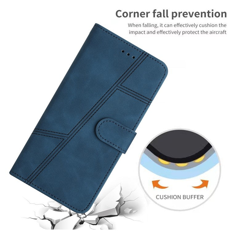 PU Leather Phone Shell for Google Pixel 6 Imprinted Line Skin-touch Anti-drop Cover with Wallet Stand - Blue