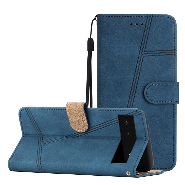 PU Leather Phone Shell for Google Pixel 6 Imprinted Line Skin-touch Anti-drop Cover with Wallet Stand - Blue
