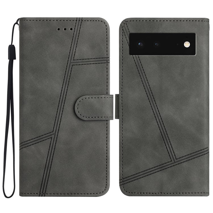 PU Leather Phone Shell for Google Pixel 6 Imprinted Line Skin-touch Anti-drop Cover with Wallet Stand - Grey