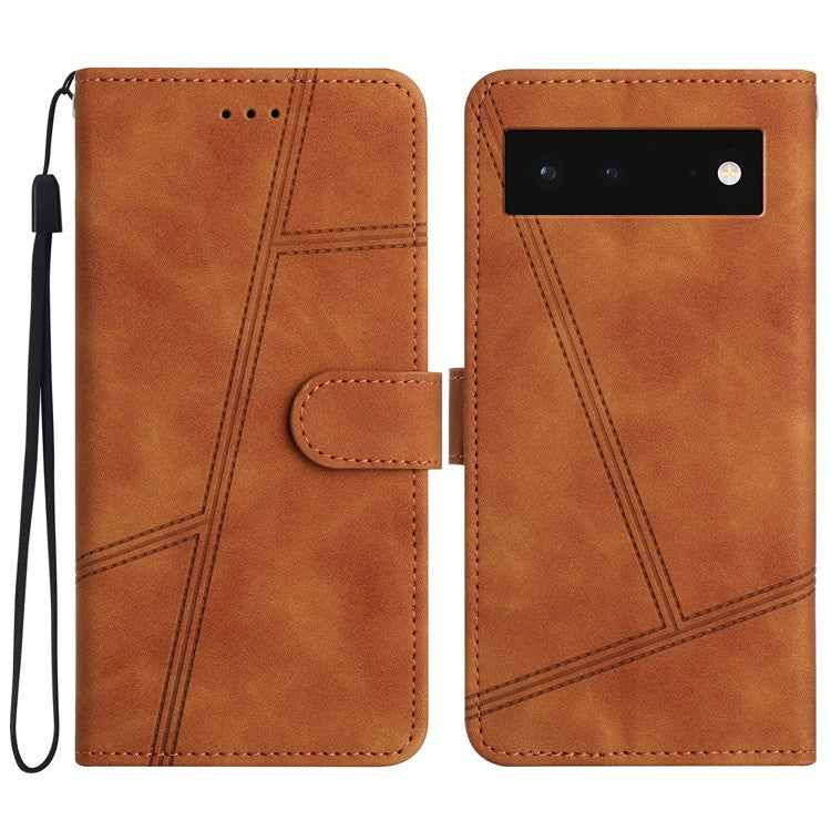 PU Leather Phone Shell for Google Pixel 6 Imprinted Line Skin-touch Anti-drop Cover with Wallet Stand - Brown