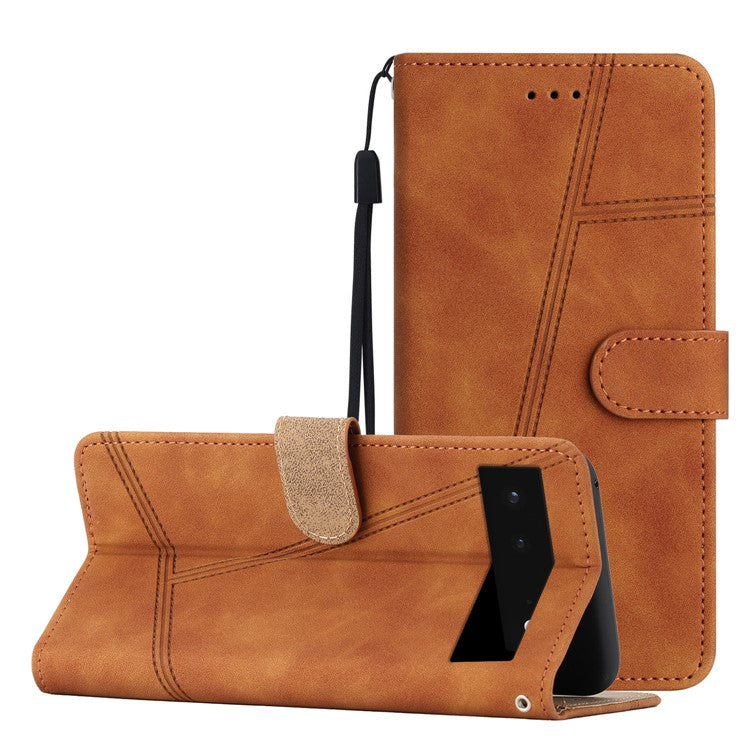 PU Leather Phone Shell for Google Pixel 6 Imprinted Line Skin-touch Anti-drop Cover with Wallet Stand - Brown