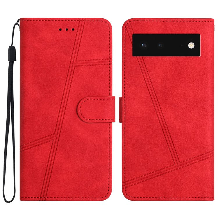 PU Leather Phone Shell for Google Pixel 6 Imprinted Line Skin-touch Anti-drop Cover with Wallet Stand - Red