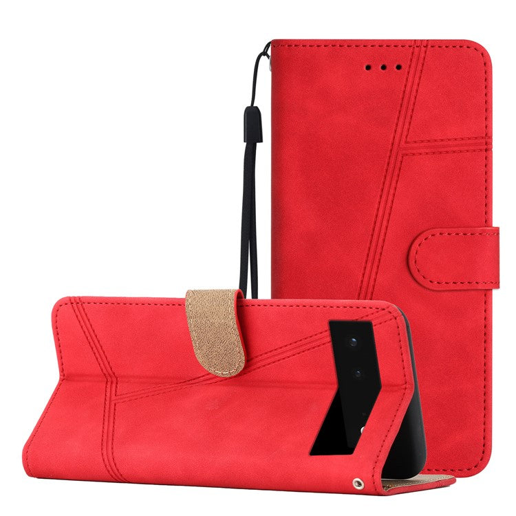 PU Leather Phone Shell for Google Pixel 6 Imprinted Line Skin-touch Anti-drop Cover with Wallet Stand - Red