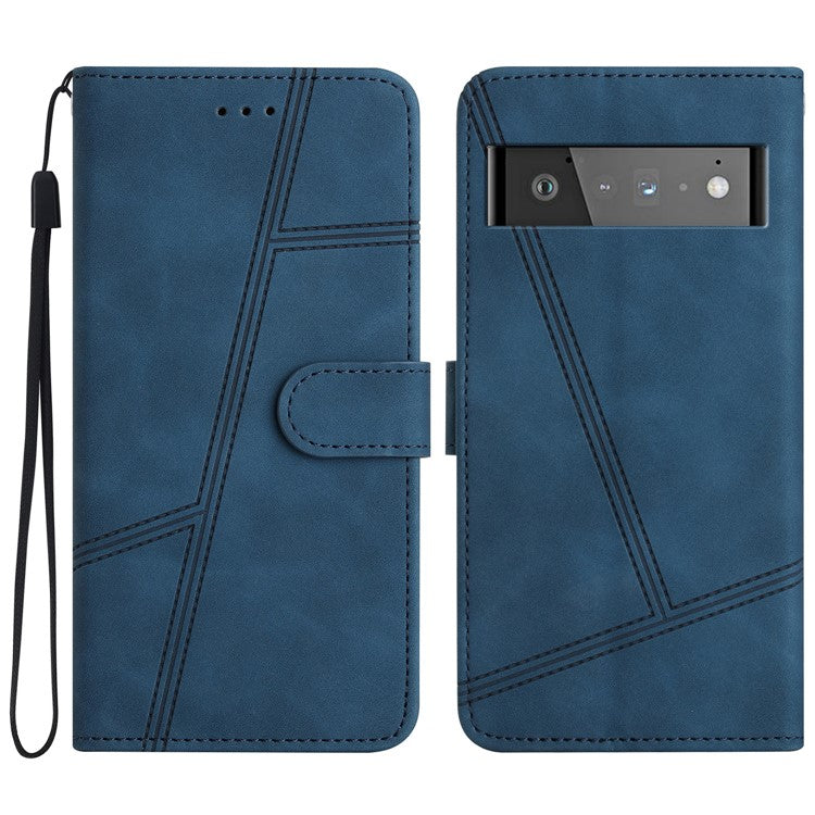 For Google Pixel 6 Pro 5G Imprinted Line Skin-touch PU Leather Phone Shell Wallet Stand Anti-drop Cover - Blue