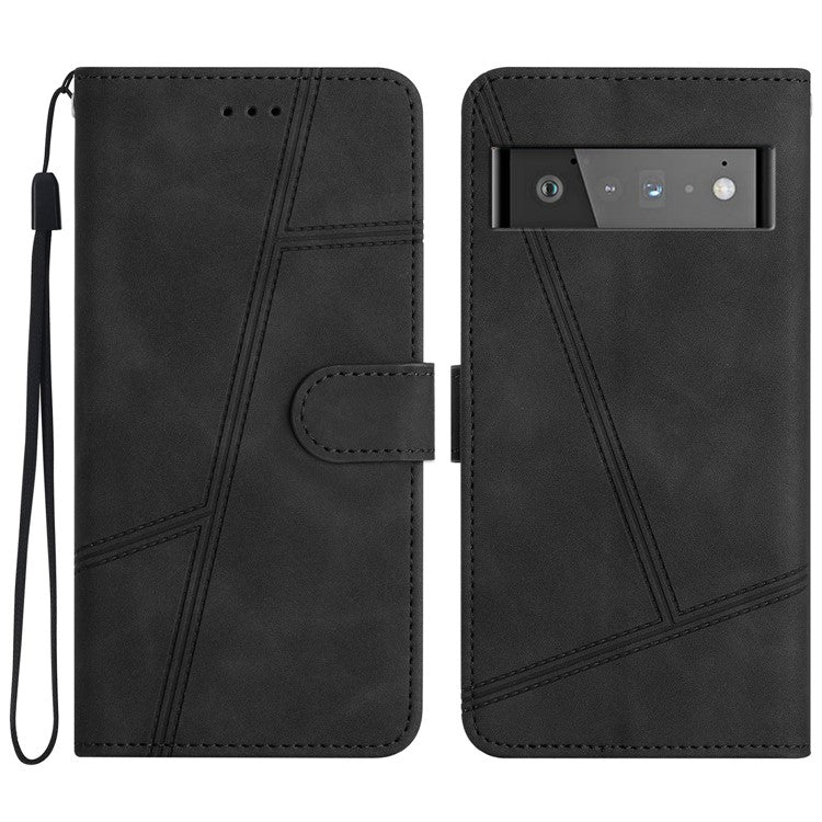 For Google Pixel 6 Pro 5G Imprinted Line Skin-touch PU Leather Phone Shell Wallet Stand Anti-drop Cover - Black