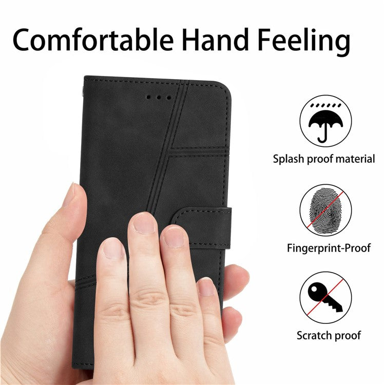 For Google Pixel 6 Pro 5G Imprinted Line Skin-touch PU Leather Phone Shell Wallet Stand Anti-drop Cover - Black
