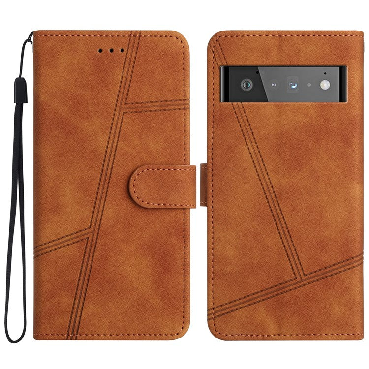 For Google Pixel 6 Pro 5G Imprinted Line Skin-touch PU Leather Phone Shell Wallet Stand Anti-drop Cover - Brown